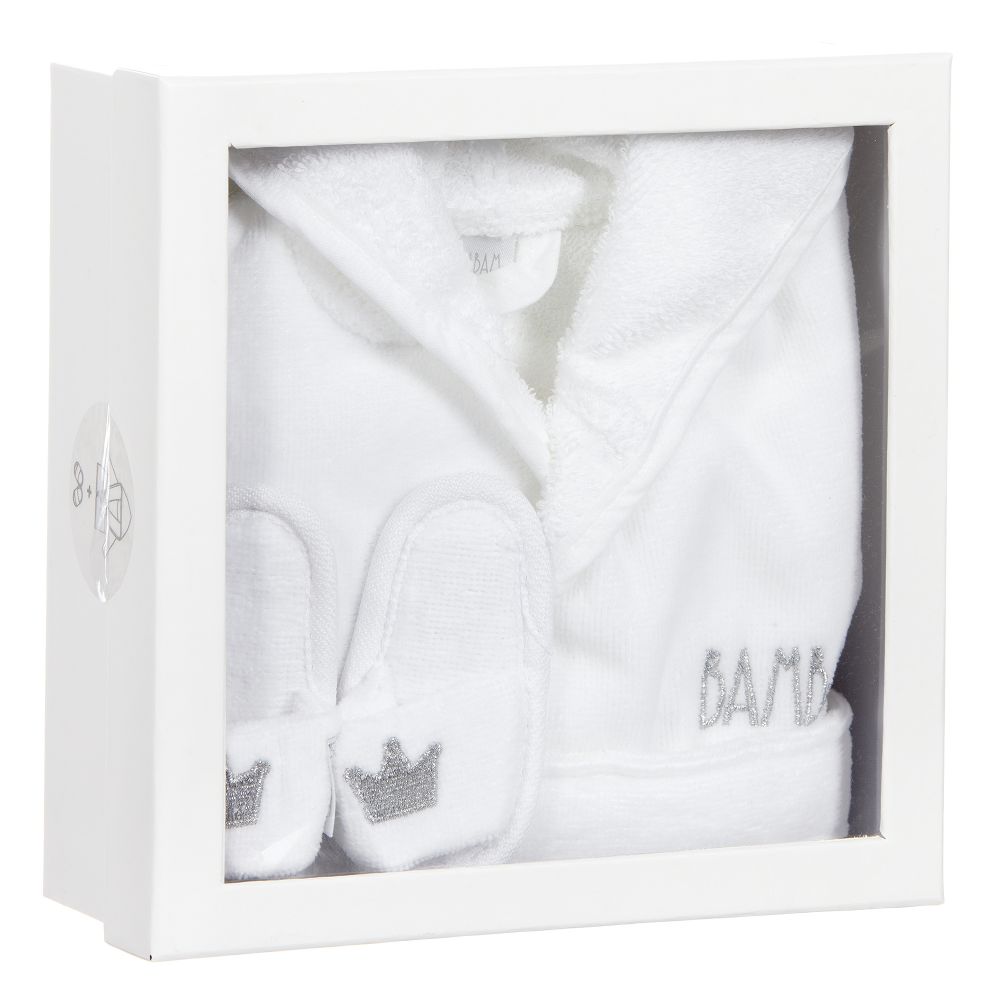 White towelling baby dressing gown and matching slippers with silver crown embroidery all in a luxury gift box