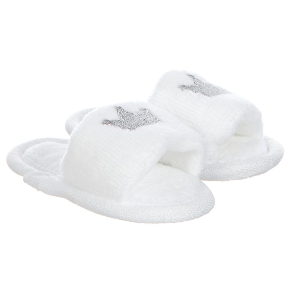 White towelling baby dressing gown and matching slippers with silver crown embroidery all in a luxury gift box