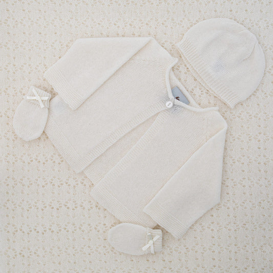 Soft white baby cashmere carding, soft white baby cashmere mittens with a bow, soft white baby cashmere hat 