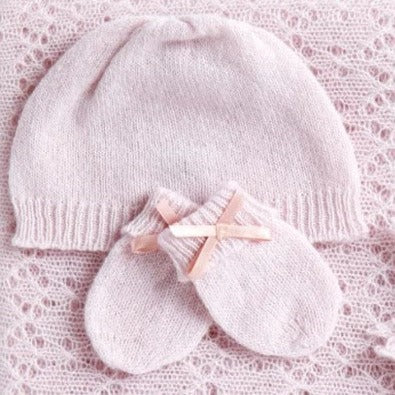 Pink cashmere baby hat with mittens 