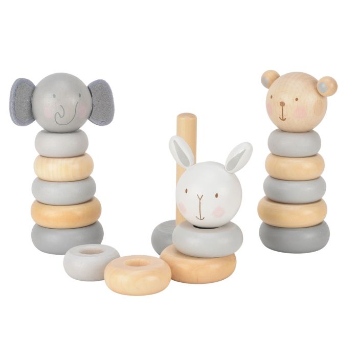wooden stacking baby toy with coloured rings in grey and natural wood with either an elephant, teddy or rabbit head