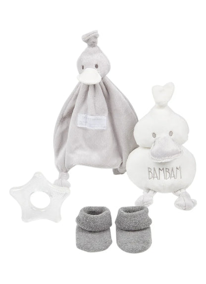 Grey and white boxed baby gift, babu soft duck, baby duck comforter in grey, baby socks , start teether