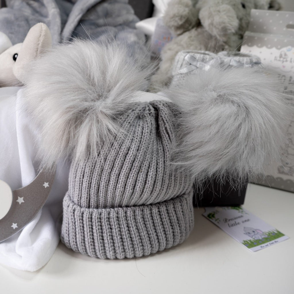 Grey Baby double pom pom hat, Elephant Themed Personalisable Neutral Baby Gift - Roo And Little Boo