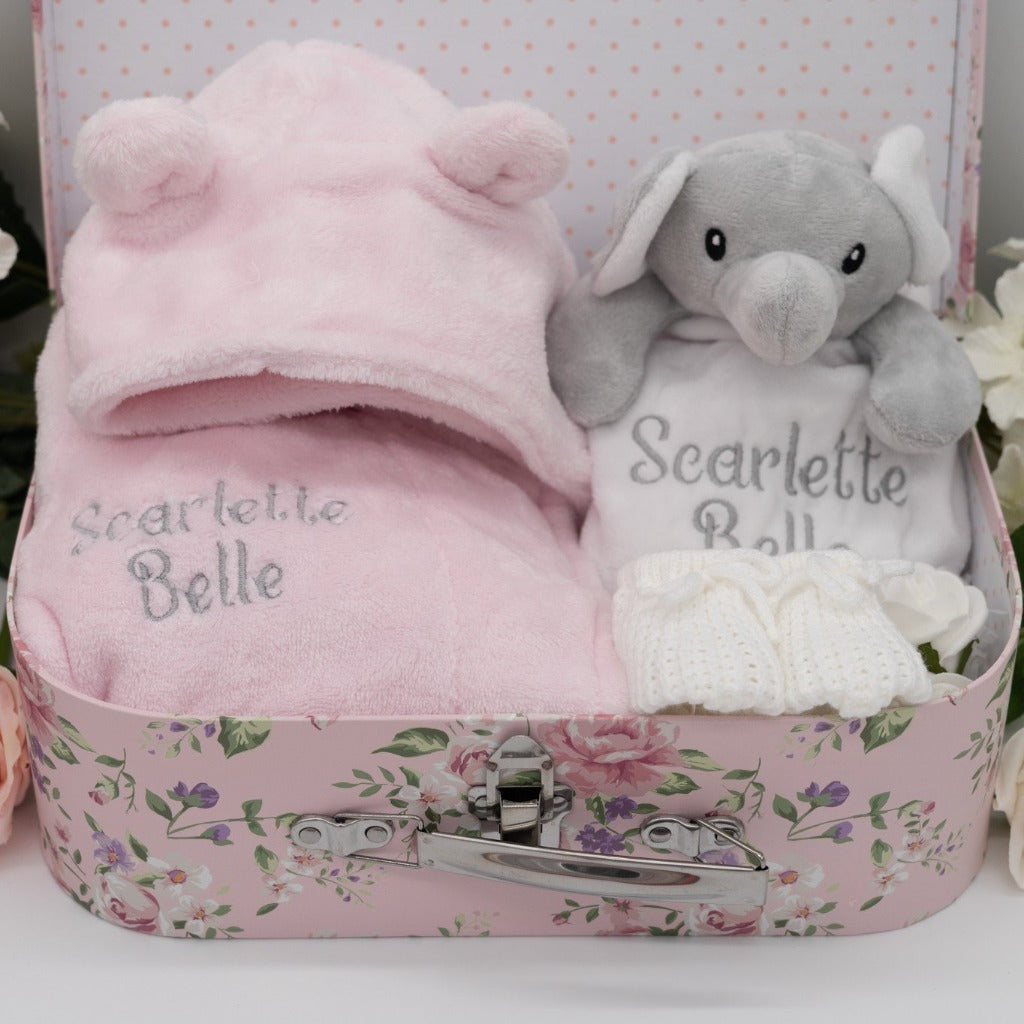 Embroidered Baby Girl Elephant Hamper In Gorgeous Keepsake Suitcase - Roo And Little Boo