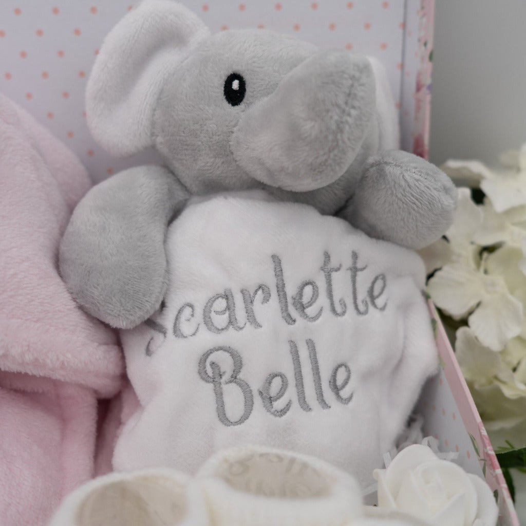 Embroidered Baby Girl Elephant Hamper In Gorgeous Keepsake Suitcase - Roo And Little Boo