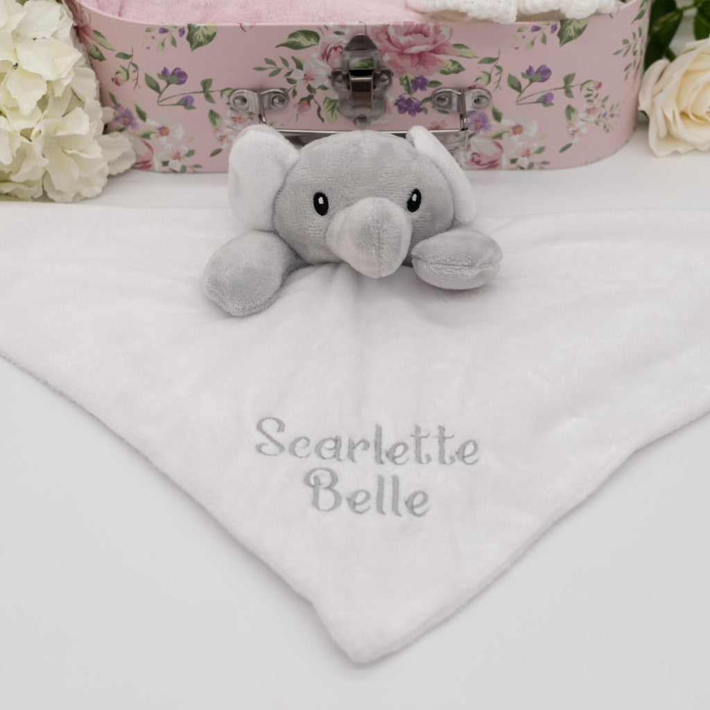 Embroidered Baby Girl Elephant Hamper In Gorgeous Keepsake Suitcase - Roo And Little Boo