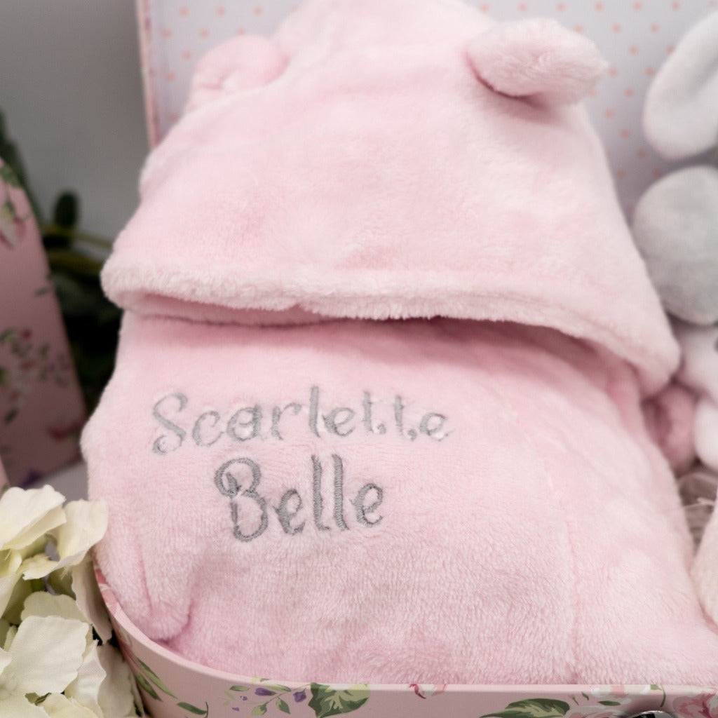 Embroidered Baby Girl Elephant Hamper In Gorgeous Keepsake Suitcase - Roo And Little Boo