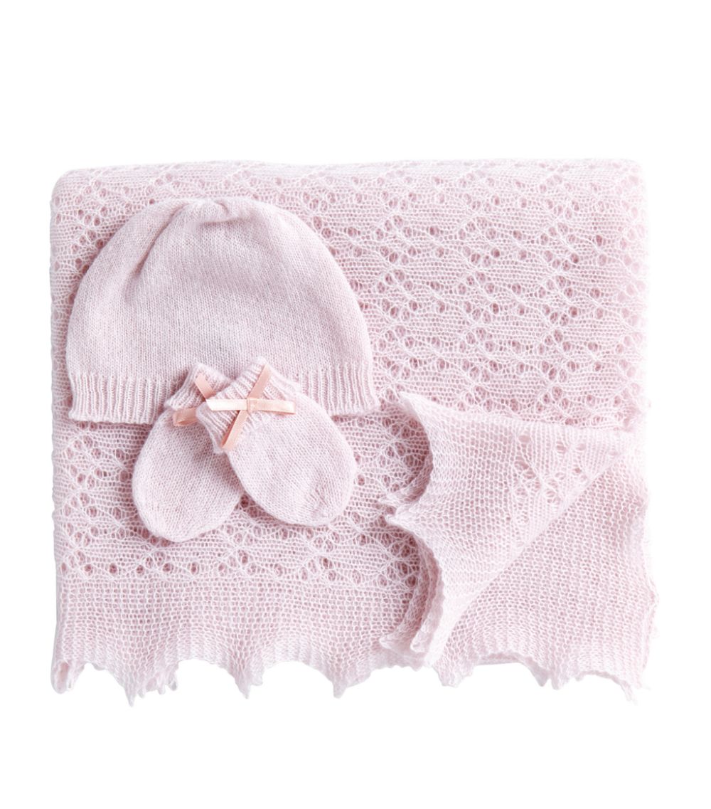 Luxury pink baby cashmere shawl, baby cashmere mittens with a pink bow, baby cashmere hat 