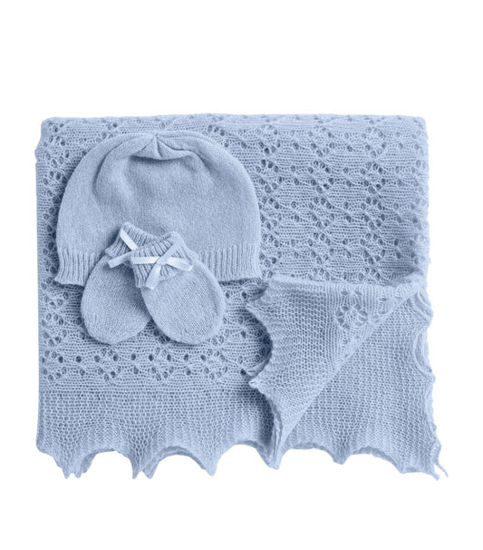 Blue Baby Chashmere Shawl, Baby Cashmere Hat and baby cashmere mittens with a blue bow by G H Hurt