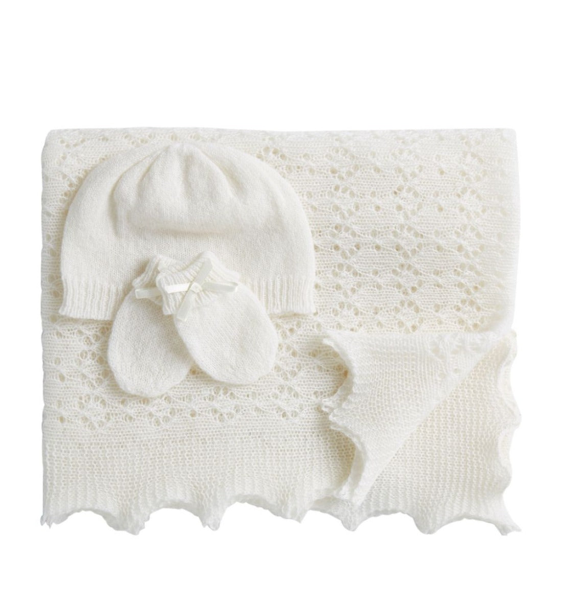 soft white baby cashmere shawl, hat and mittens 