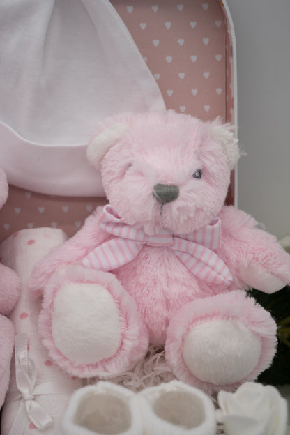 Pink Baby Girl Hamper, Personalisable Teddy Bear And Gown Gift Hamper, New Baby Girl Hamper, Baby Shower Gift