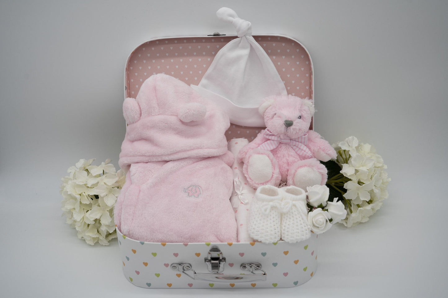 Pink Baby Girl Hamper, Personalisable Teddy Bear And Gown Gift Hamper, New Baby Girl Hamper, Baby Shower Gift
