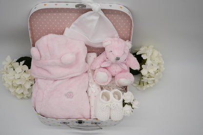 Pink Baby Girl Hamper, Personalisable Teddy Bear And Gown Gift Hamper, New Baby Girl Hamper, Baby Shower Gift