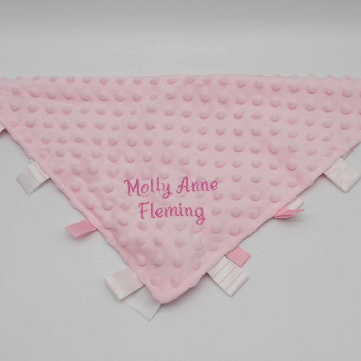 Taggie Blanket, Personalisable Pink Baby Comforter,  Baby Sensory Gift