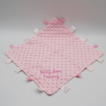Taggie Blanket, Personalisable Pink Baby Comforter,  Baby Sensory Gift