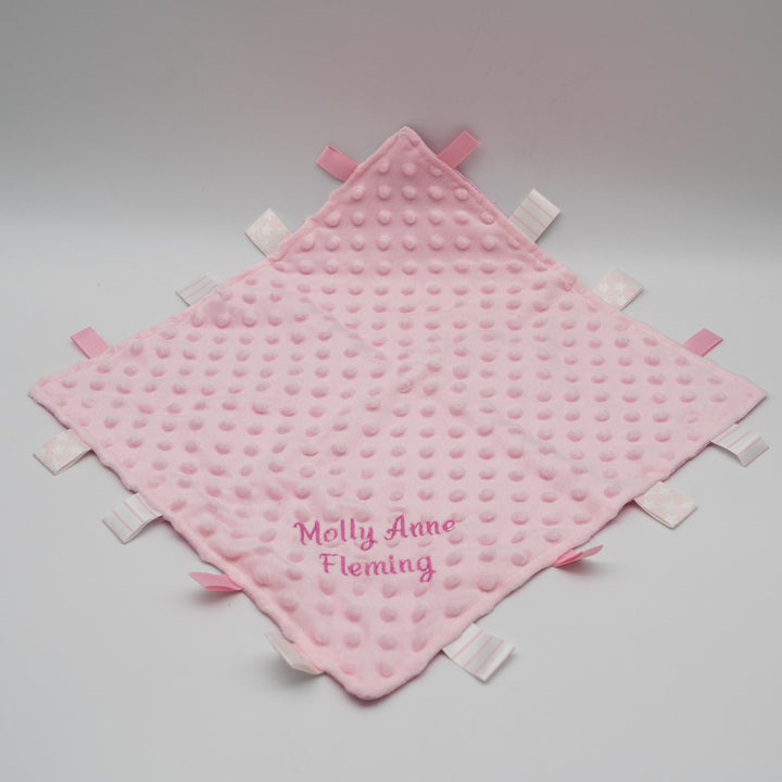 Taggie Blanket, Personalisable Pink Baby Comforter,  Baby Sensory Gift