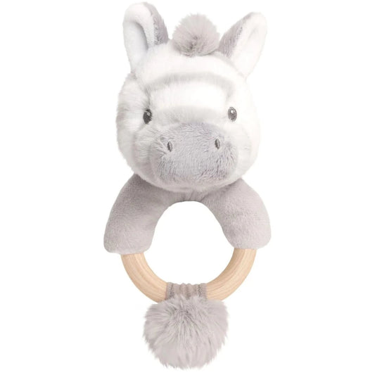 Soft zebra baby rattle with a wooden ring and soft plush zebra head