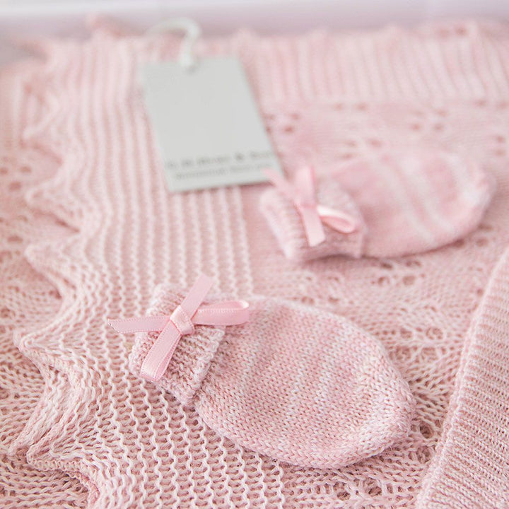 Pink marl paw wool baby shawl, mittens with a bow and a hat in a white luxury gift box by G H Hurt