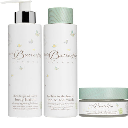 baby organic toiletries by Little butterfly London, Baby boy lotion, baby top to toe wash, baby organic nappy cream all beautifully presented in a white gift box