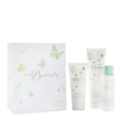 Little butterfly london gift set containing organic toiletries for a mum to be including cooling leg gel, mother and baby massage cream and stretch mark cream