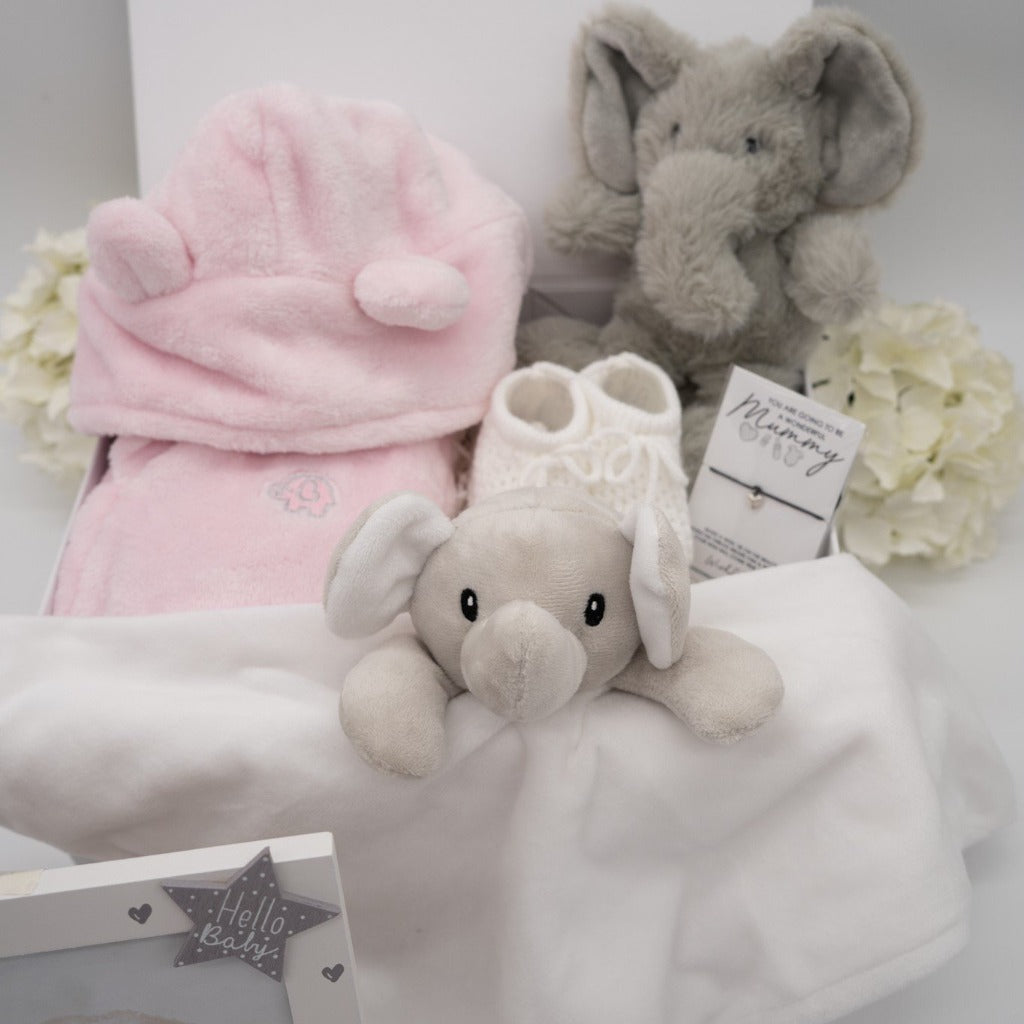 Personalisable Pink Baby Girl Elephant Themed Hamper - Roo And Little Boo