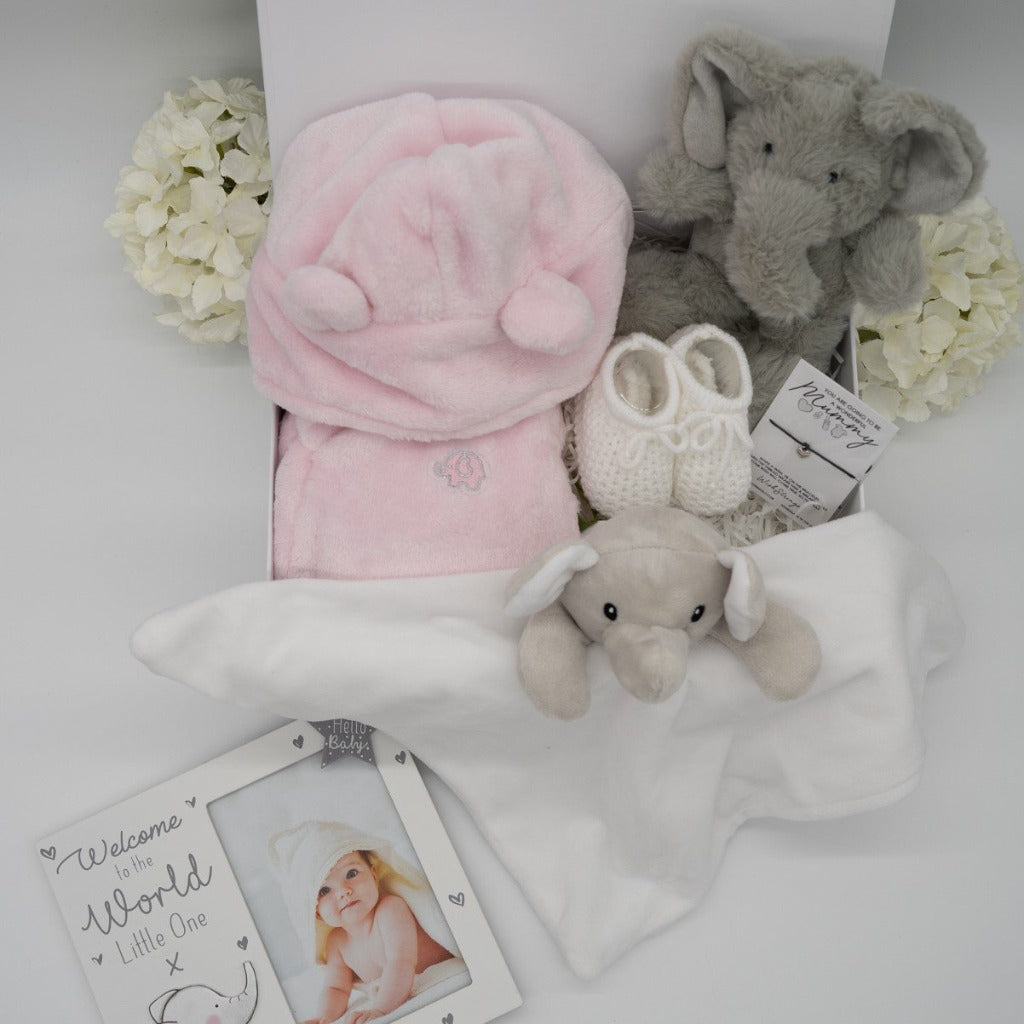 Personalisable Pink Baby Girl Elephant Themed Hamper - Roo And Little Boo