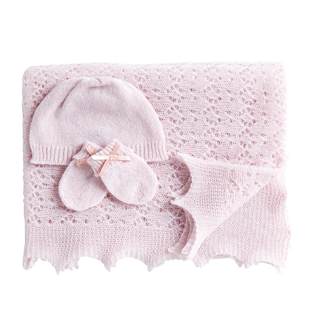 Pink cashmere baby set including pink hat, pink mittens and soft pink baby shawl 