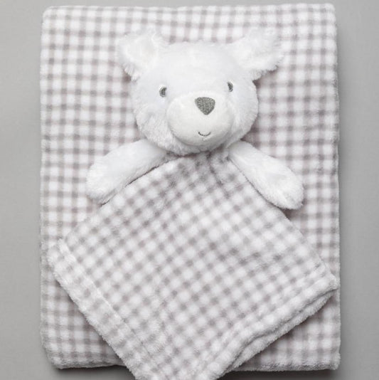 Grey Checked Soft Baby Blanket and Teddy Comforter, Personalisable  Baby Comfort Blanket